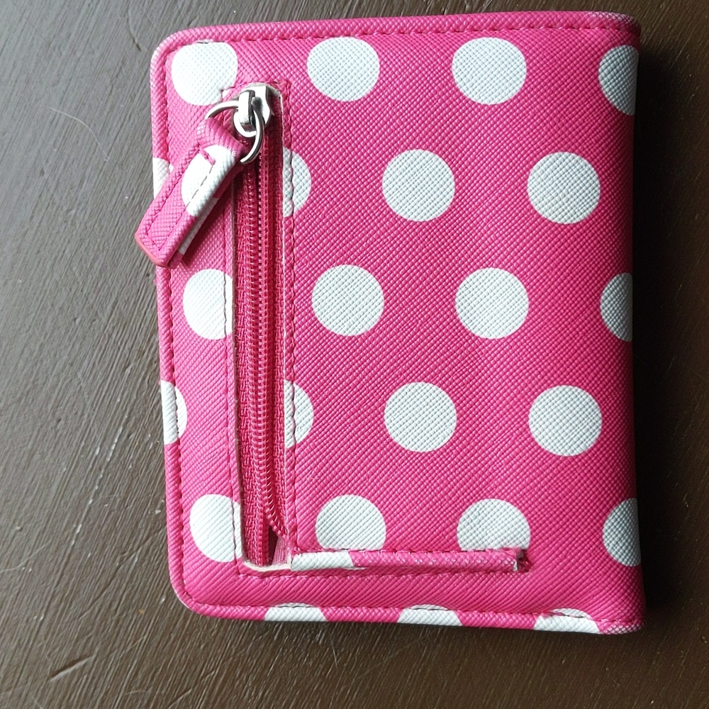 Pink and white polka dot wallet